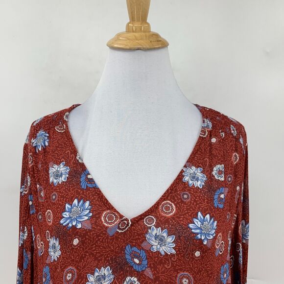 Lucky Brand Blouse Women M Rust Multi Floral Shirred Shoulder V Neck Long Sleeve - Picture 3 of 13